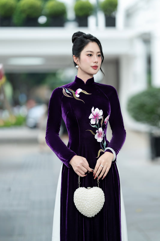 HanoiSilkCo Designer Velvet Áo Dài - Hand-Embroidered Lotus (Sen Viet Collection) | Premium Purple-Magenta Vietnamese Traditional Dress for Special Occasions