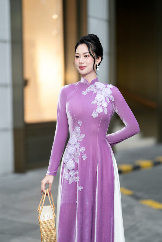 Lavender Velvet Áo Dài with 3D Floral Applique - Elegant Vietnamese Dress | HanoiSilkCo