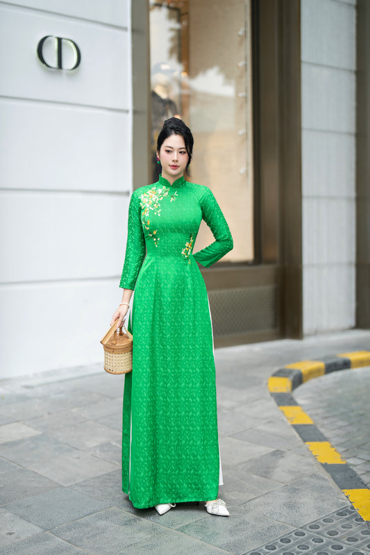 Hand-Embroidered Green Silk Ao Dai | Authentic Vietnamese Dress