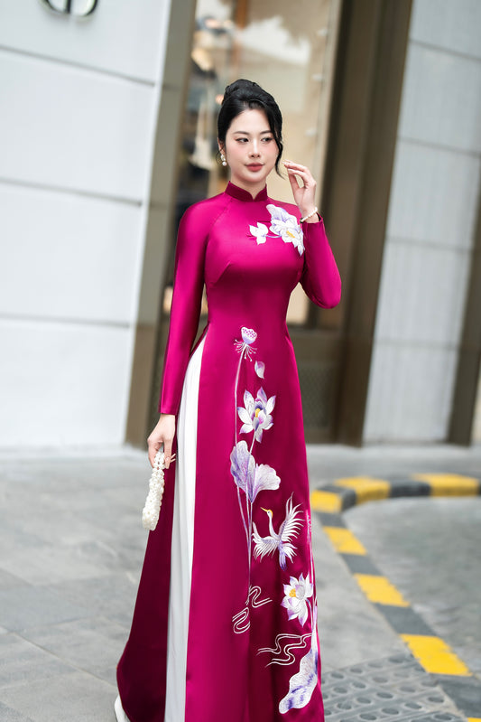 Hand-Embroidered Magenta Silk Ao Dai – Lotus & Crane Motif