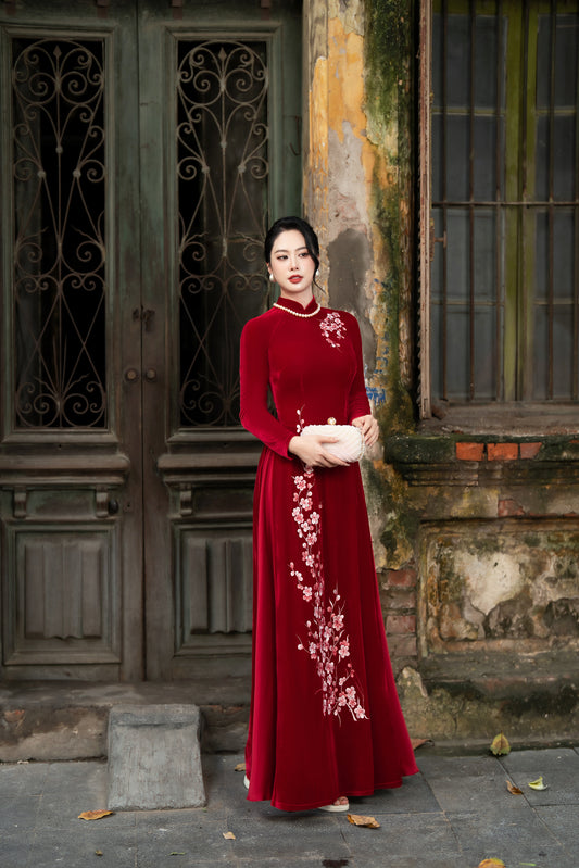 Handmade Velvet Ao Dai - Authentic Traditional Vietnamese Long Dress with Exquisite Hand