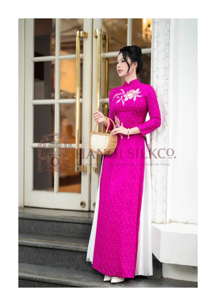 Vibrant Fuchsia Jacquard Áo Dài with Hand-Embroidered Florals | HanoiSilkCo
