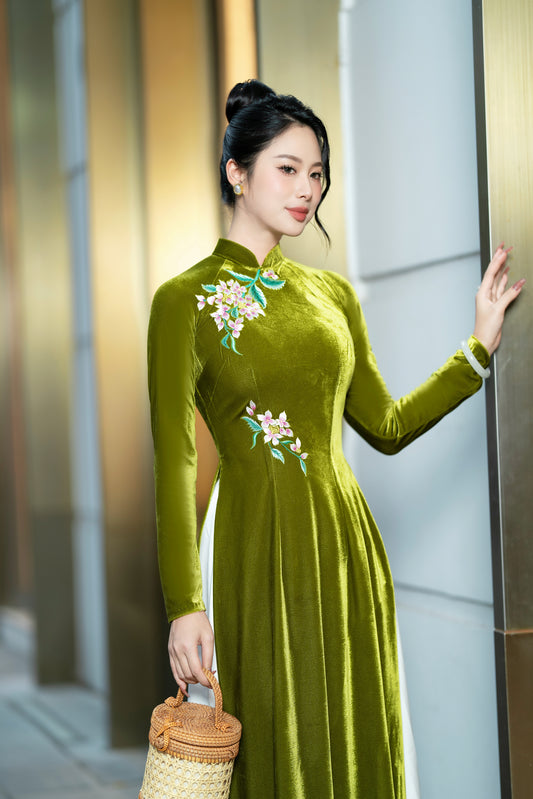 Custom Sized Velvet Vietnamese Dress with Authentic Hand-Embroidery | HanoiSilkCo
