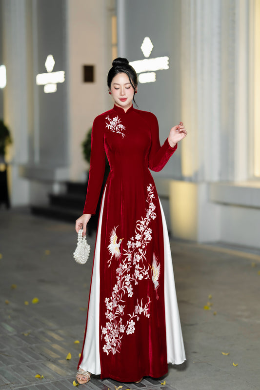 Deep Red Velvet Áo Dài with Hand-Embroidered Cranes - Elegant Vietnamese Dress | HanoiSilkCo