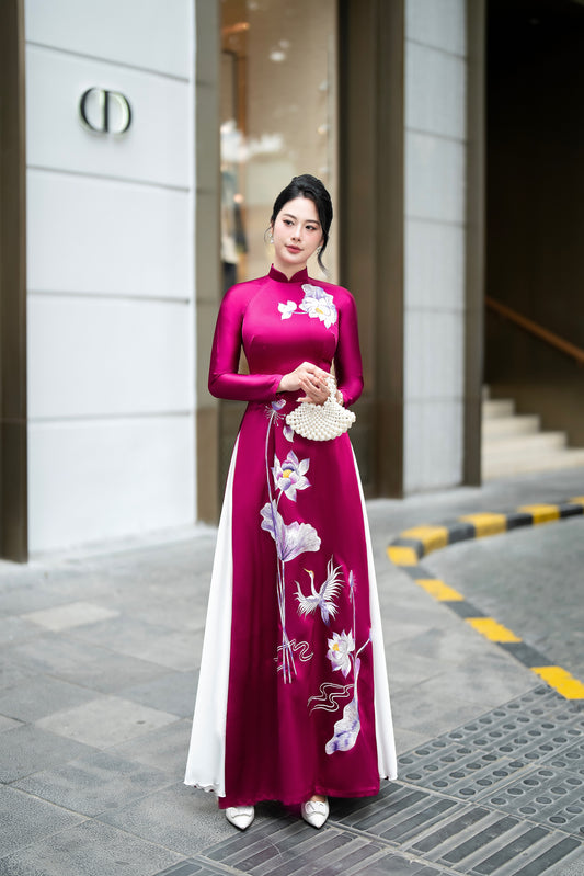Hand-Embroidered Magenta Silk Ao Dai – Lotus & Crane Motif
